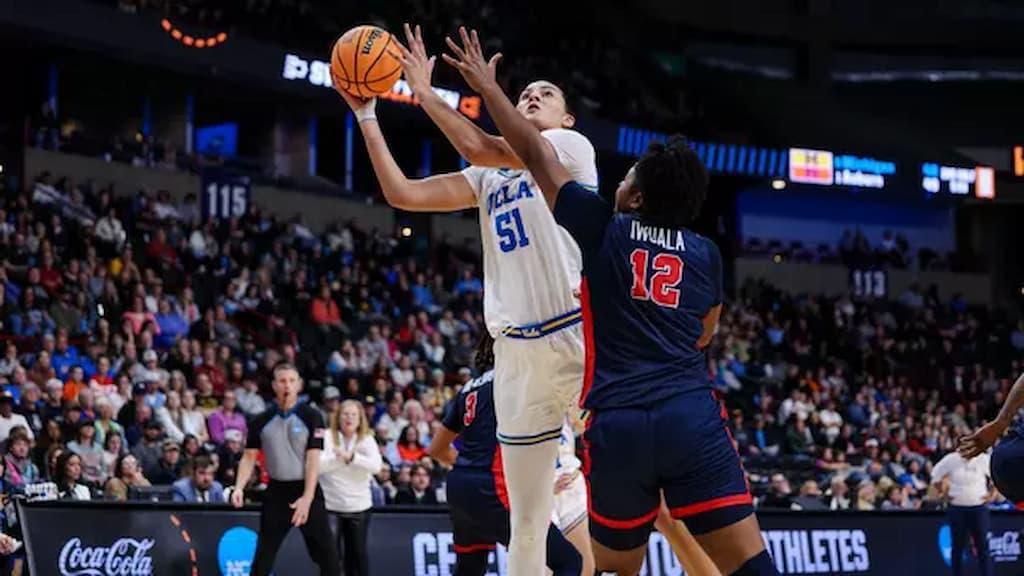Lauren Betts (pictured going up for a shot against Ole Miss) and UCLA will face LSU in the women's Elite Eight in Spokane, Washington