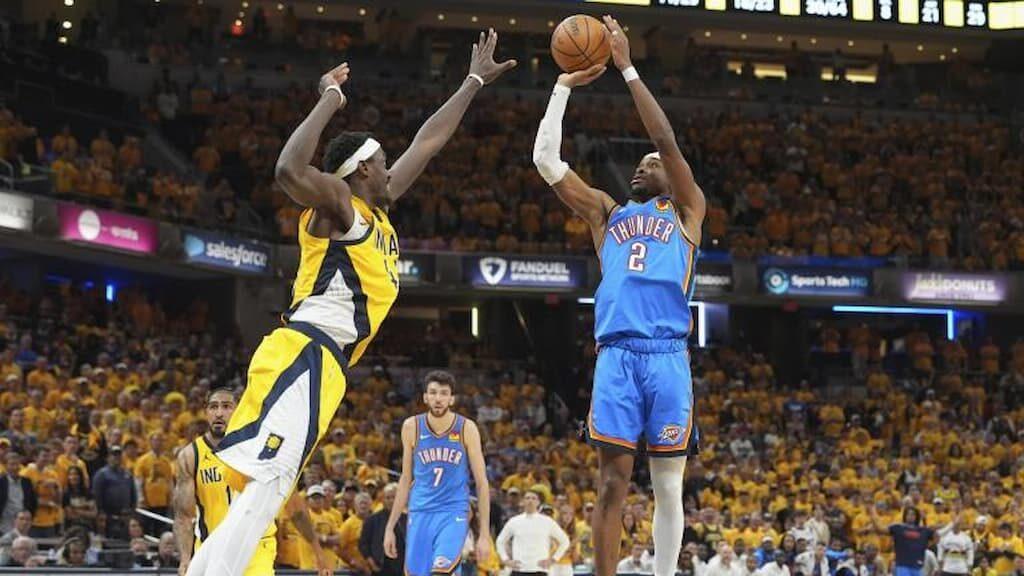 SGA takes a shot during the 2025 NBA Finals (2025 NBA Championship Odds 6/15/2025)