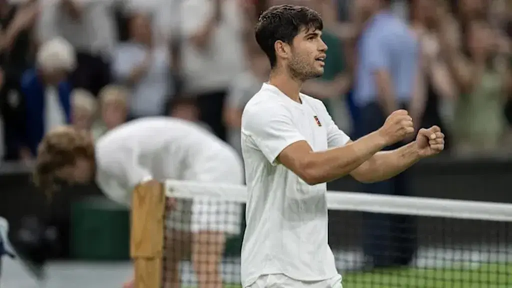 Carlos Alcaraz celebrates at Wimbledon - Sinner vs. Alcaraz 2025 Wimbledon Men's Singles Final Prediction & Picks cover