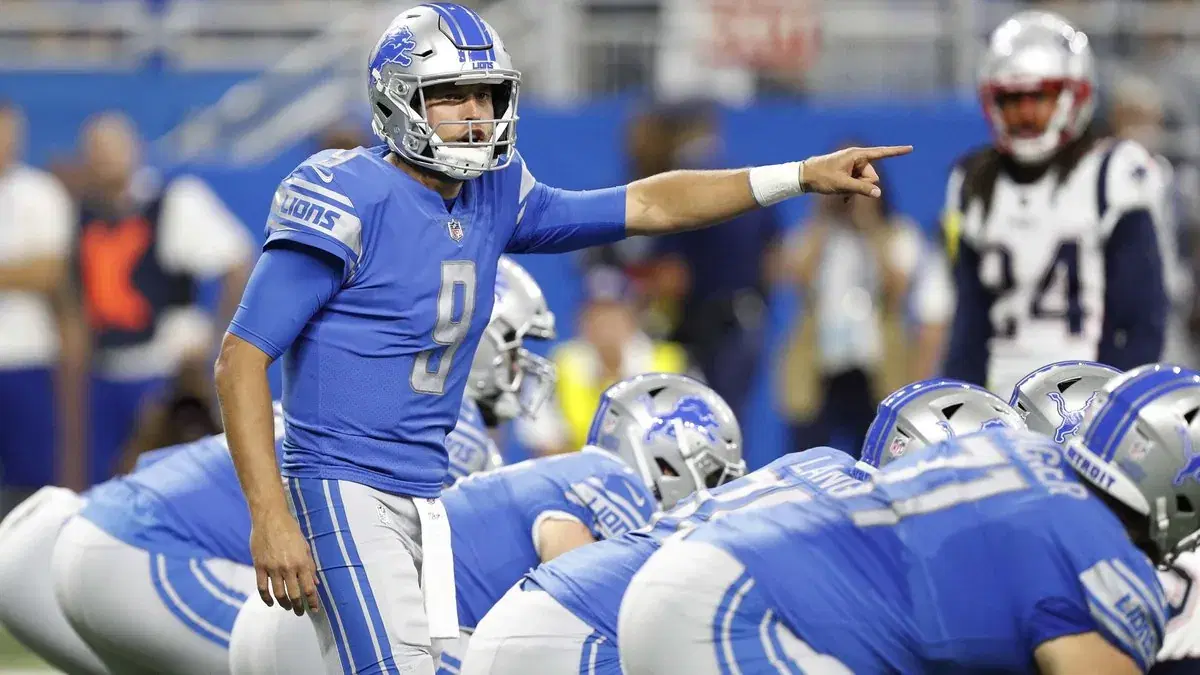 Sep 23, 2018; Detroit, MI, USA; Detroit Lions quarterback Matthew Stafford (9) points and yells out during the first quarter against the New England Patriots at Ford Field. Mandatory Credit: Raj Mehta-USA TODAY Sports