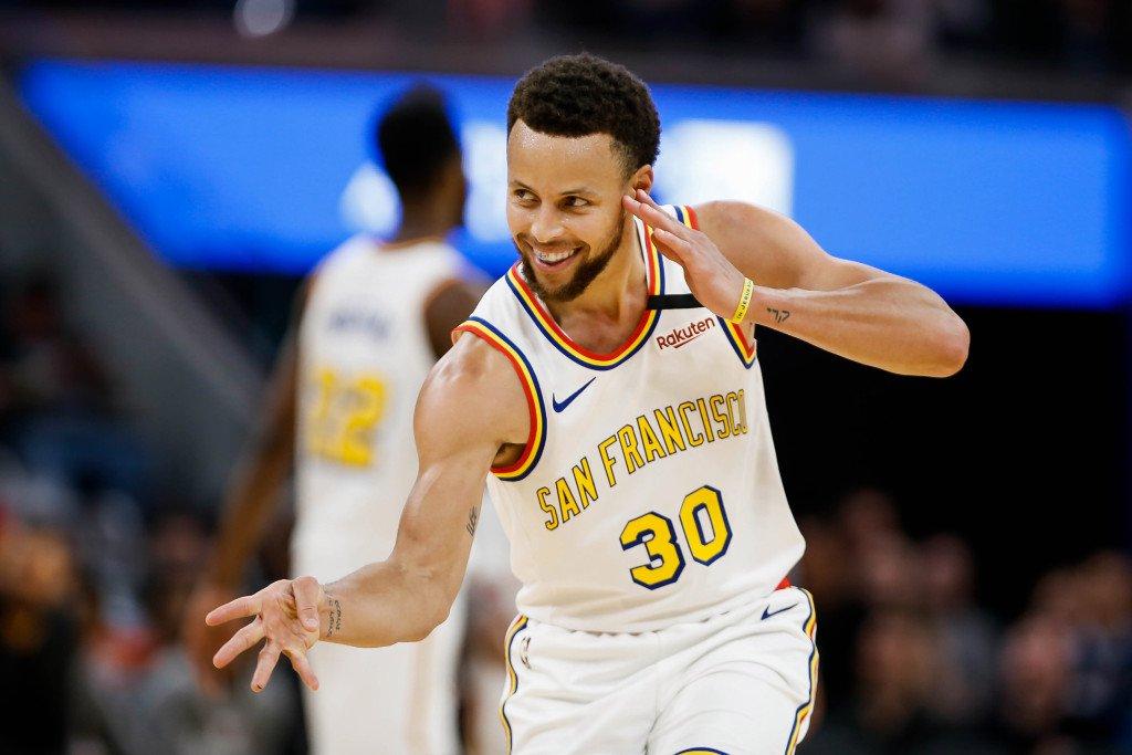SAN FRANCISCO, CALIFORNIA - MARCH 5: Golden State Warriors' Stephen Curry (30) celebrates after scoring a three-point-shot during the third quarter of his teams game versus the Toronto Raptors at Chase Center in San Francisco on Thursday, March 5, 2020. (Randy Vazquez / Bay Area News Group)