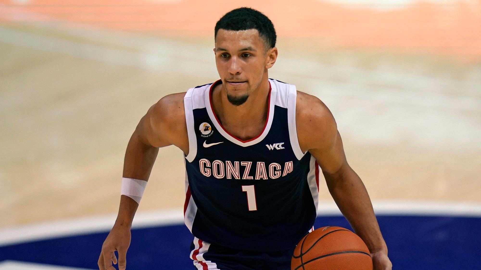 Gonzaga guard Jalen Suggs (1) brings the ball up court in the second half during an NCAA college basketball game against BYU Monday, Feb. 8, 2021, in Provo, Utah. (AP Photo/Rick Bowmer)