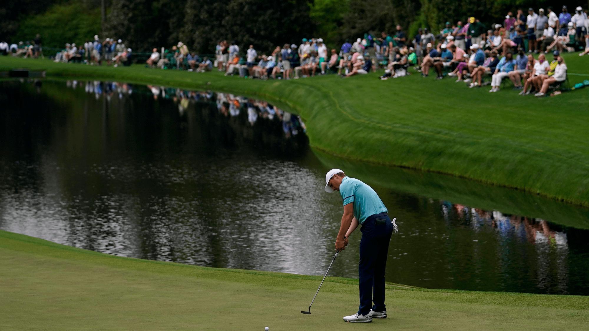 Jordan Spieth putts on the 16th green during the second round of the Masters golf tournament on Friday, April 9, 2021, in Augusta, Ga. (AP Photo/Matt Slocum)