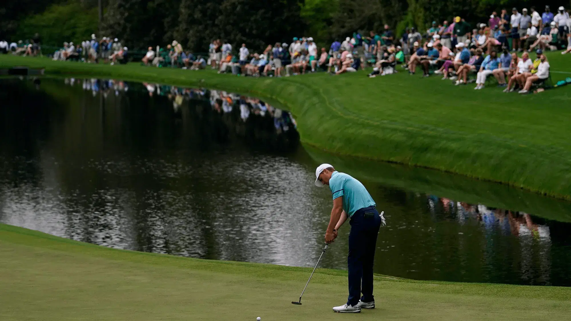 Jordan Spieth putts on the 16th green during the second round of the Masters golf tournament on Friday, April 9, 2021, in Augusta, Ga. (AP Photo/Matt Slocum)