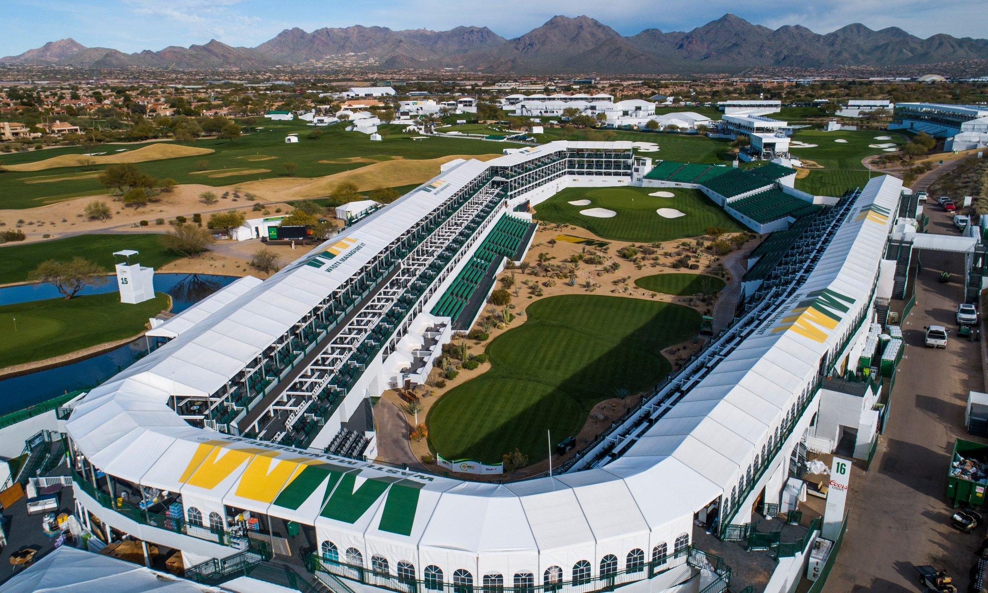 Drone aerial view of the 16th hole at the TPC of Scottsdale January 24, 2020,