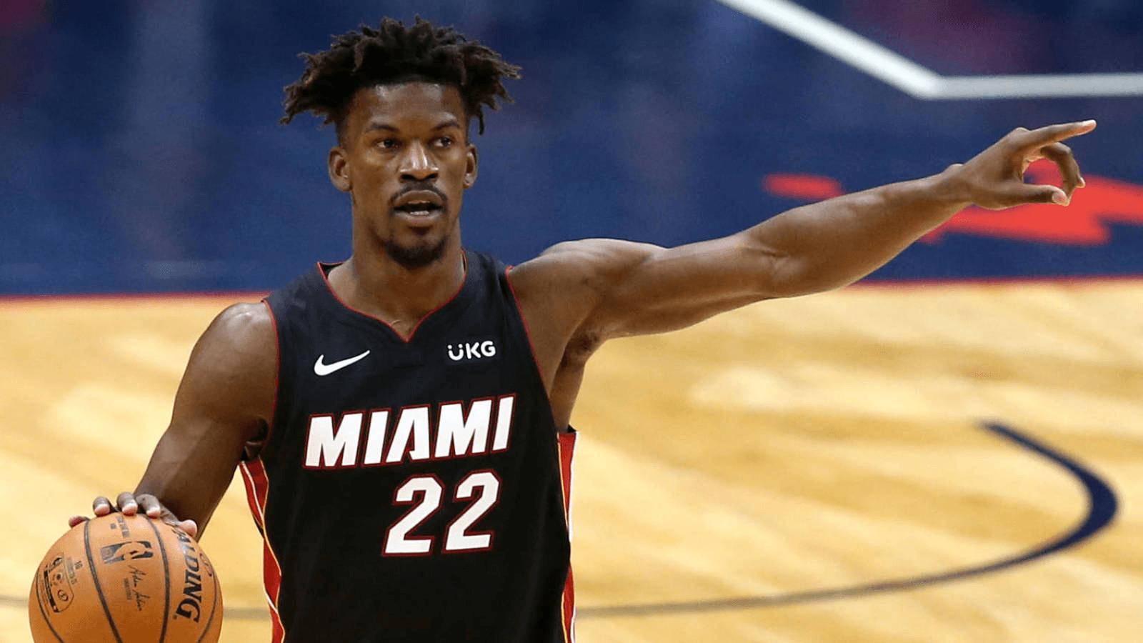Mar 4, 2021; New Orleans, Louisiana, USA; Miami Heat forward Jimmy Butler (22) gestures in the first quarter against the New Orleans Pelicans at the Smoothie King Center. Mandatory Credit: Chuck Cook-USA TODAY Sports
