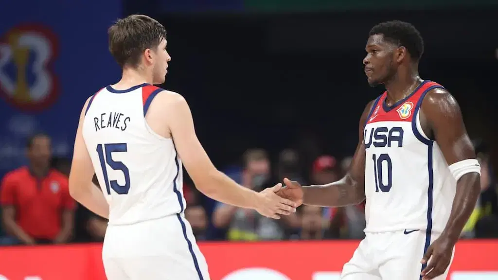 Austin Reaves Anthony Edwards United States FIBA World Cup | USA vs Jordan basketball odds prediction picks 8/30/23 cover