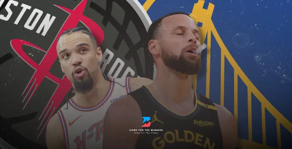 Steph Curry and Dillon Brooks with the Warriors and Rockets logos.