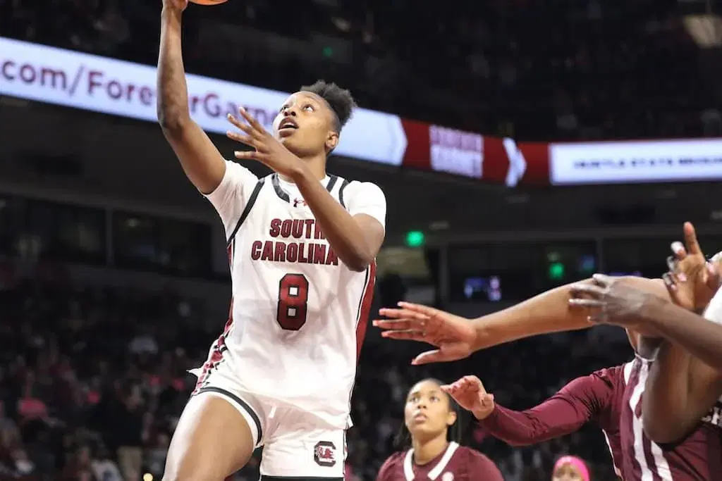 #3 TCU vs. #1 South Carolina 2026 Women's March Madness Sacramento 4 Elite Eight cover (South Carolina's Joyce Edwards going up for a basket)