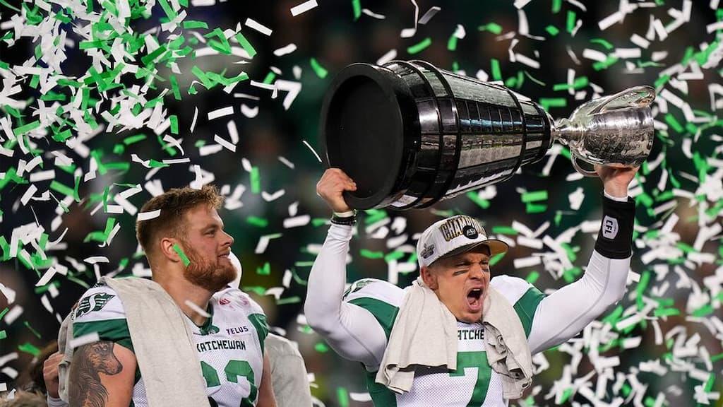 Grey Cup Betting Guide cover (Trevor Harris and the Saskatchewan Roughriders celebrate winning the 2025 Grey Cup)