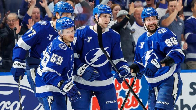 Tampa Bay Lightning players after a big goal