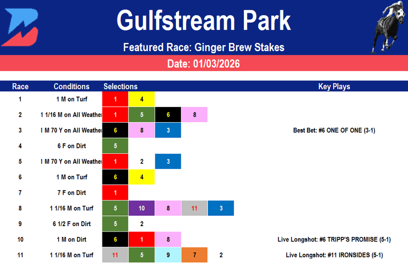 Gulfstream Park Picks: Ginger Brew Stakes (01/03/2026)