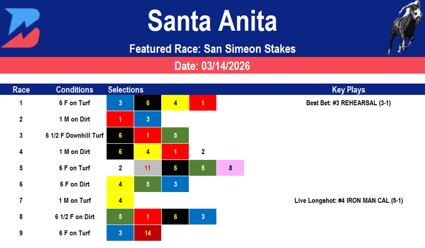 Santa Anita Picks: San Simeon Stakes (3/14/2026)