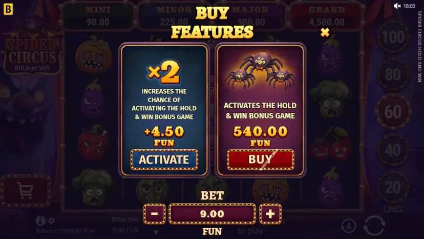 spider circus hold and win buy features