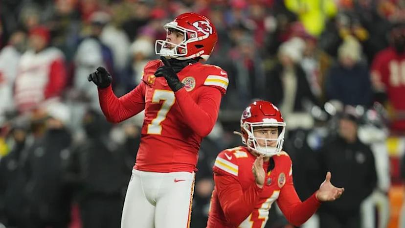 Kansas City Chiefs kicker Harrison Butker watches a kick with anticipation