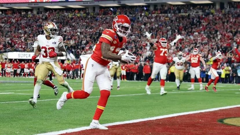 Mecole Hardman crosses the goal line for the game-winning touchdown in overtime for the Kansas City Chiefs in their Super Bowl 58 win over the San Francisco 49ers