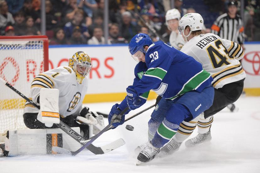 Canucks players and Bruins goalie.