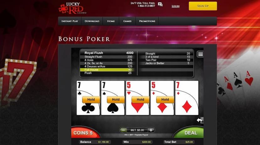 Bonus Poker - Lucky Red Casino (full house winning hand)