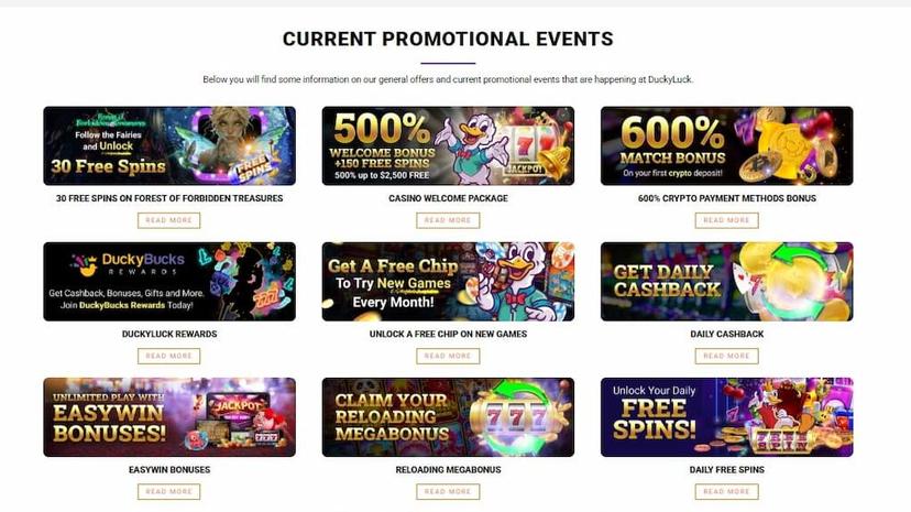 Online casino bonuses and promotions at DuckyLuck Casion - welcome bonuses, reload bonuses, and free spins offers for new and existing players
