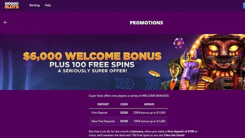 $6000 welcome bonus and 100 free spins offer at Super Slots Casino