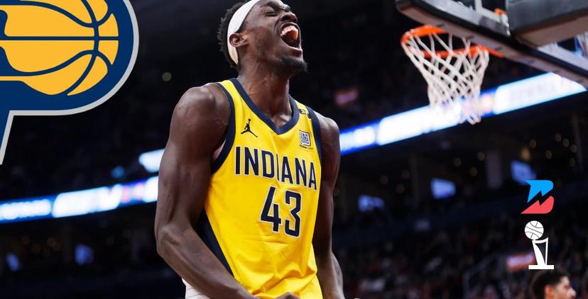 Pascal Siakam screaming with the Pacers and BettingNews logos.