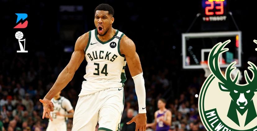 Giannis Antetokounmpo exclaiming after a three in the 2025 NBA Playoffs.