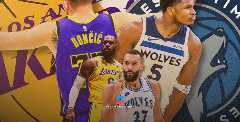Luka Doncic, LeBron James, Anthony Edwards, and the Lakers/Timberwolves logos. 2025 NBA Playoffs.