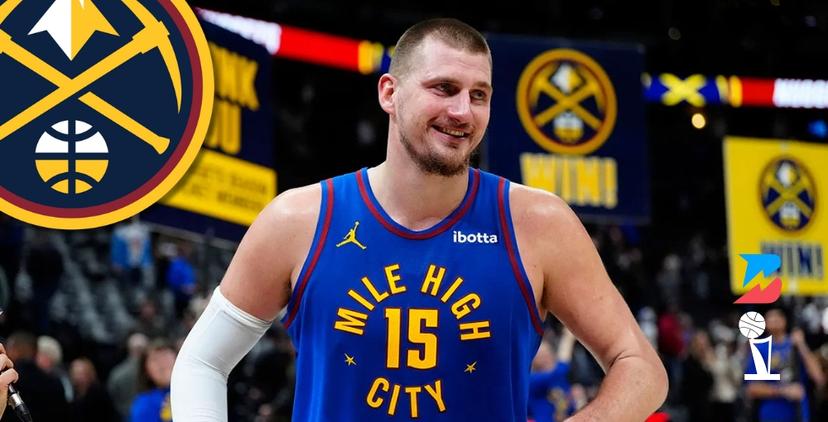 Nikola Jokic all smiles in Ball Arena with Nuggets logo. 2025 NBA Championship Odds and Analysis.