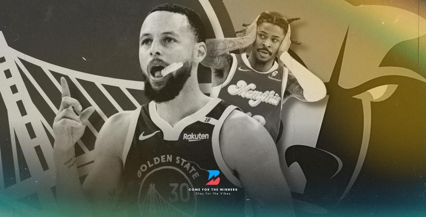 Black and White. Ja Morant and Stephen Curry with their Warriors and Grizzlies Logos. Betting News NBA Play-In.