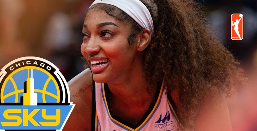 Angel Reese smiling. The Chicago Sky logo and the WNBA logo.