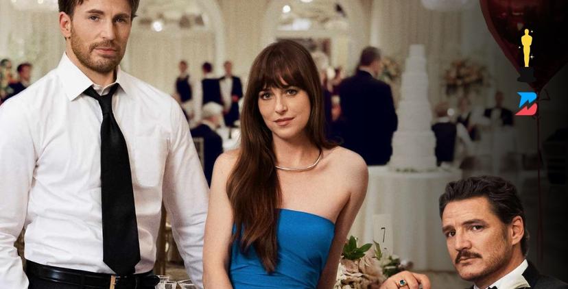 Chris Evans, Dakota Johnson, and Pedro Pascal in 2025's Materialists promotional image. BetOnline's Entertainment Market: The Oscars 2025 Best Picture Odds