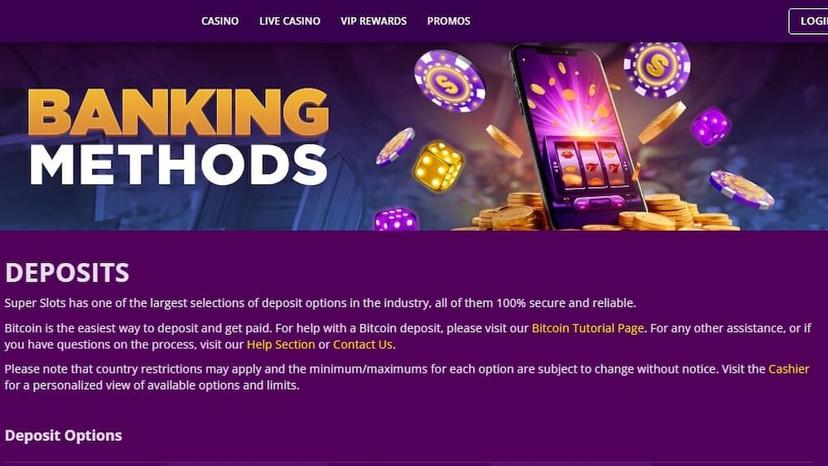 Super Slots Casino banking methods page