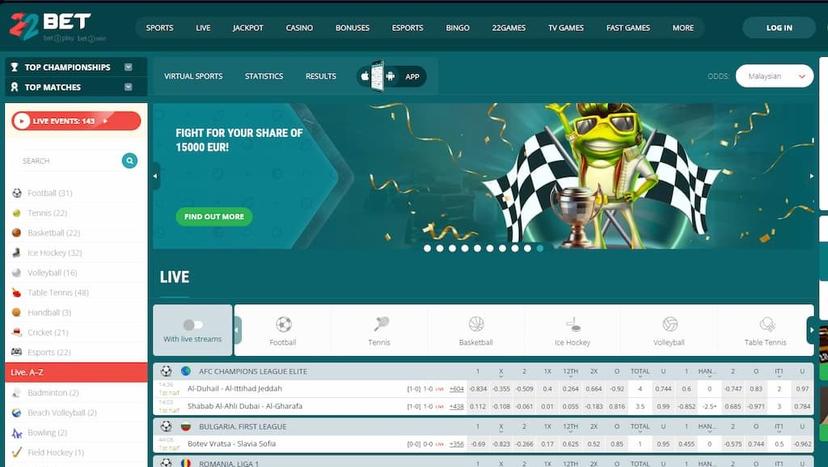 22Bet Sportsbook page