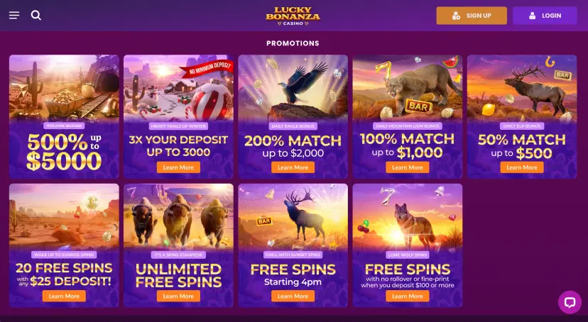 Lucky Bonanza Casino bonuses and promotions page