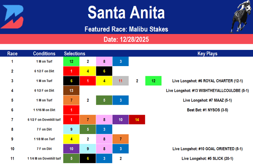 Santa Anita Picks: Opening Day Malibu Stakes (12/28/2025)