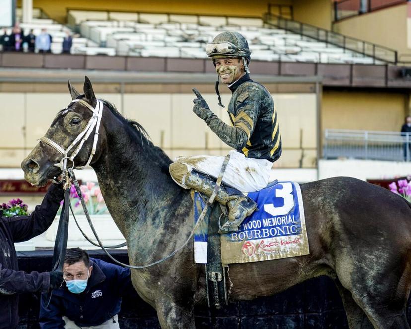 Horse and jockey in the winner's circle at aqueduct