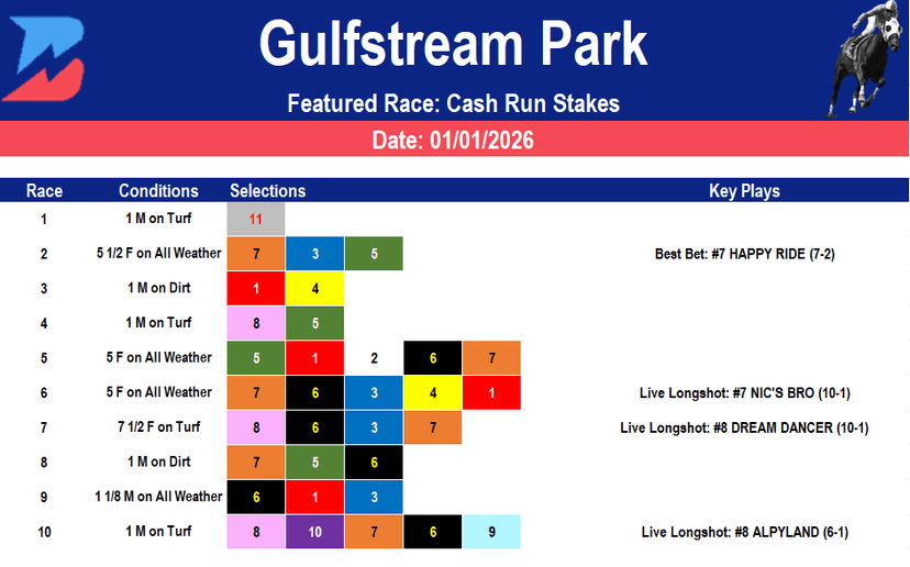 Gulfstream Park Picks: New Year's Day Cash Run Stakes (01/01/2026)