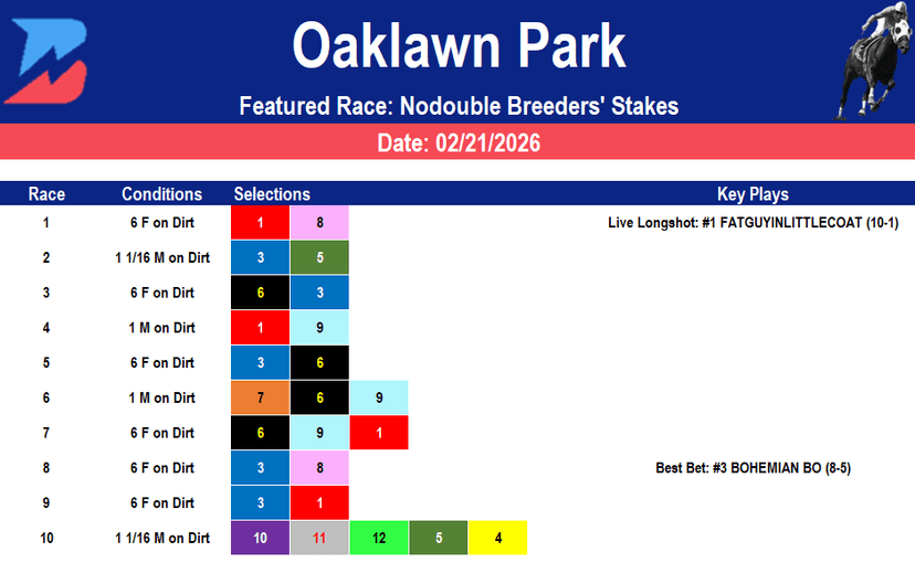 Oaklawn Park Picks: Nodouble Breeders' Stakes (2/21/2026)