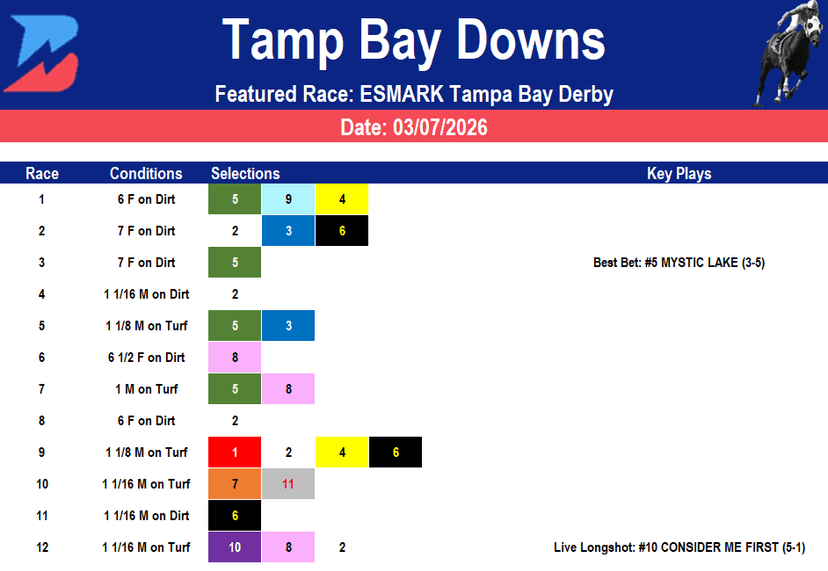 Tampa Bay Downs Picks: Kentucky Derby Prep (03/07/2026)