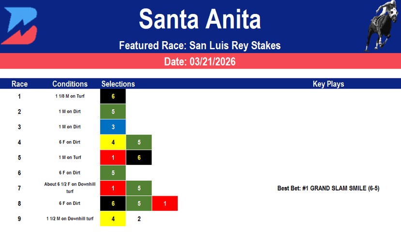 Santa Anita Picks: San Luis Rey Stakes (3/21/2026)