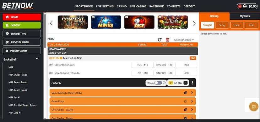 The betting interface at BetNow Sportsbook