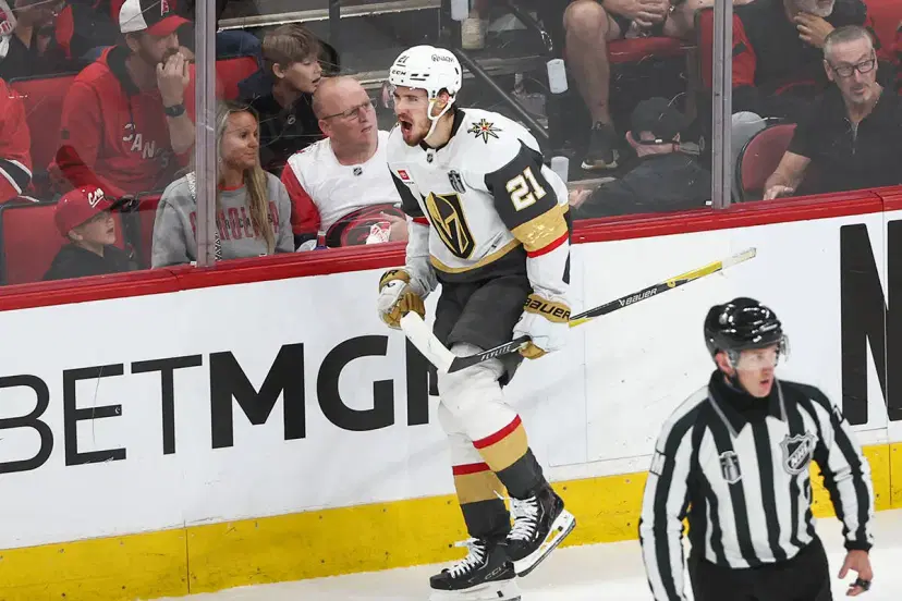 Vegas Golden Knights forward Brett Howden celebrates Game 2 goal.