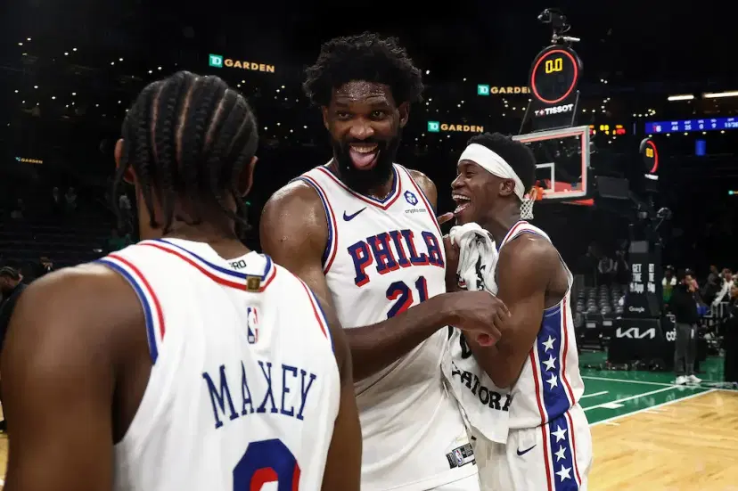 philadephia 76ers tyrese maxey, joel embiid, vj edgecombe