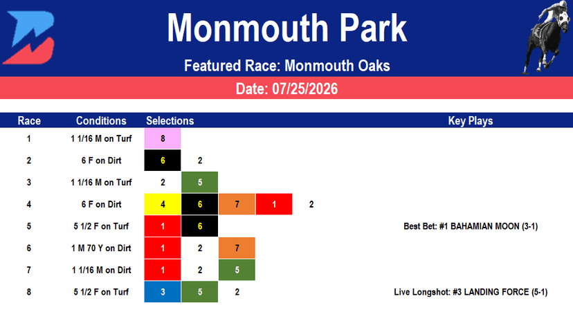Monmouth Park Picks: Monmouth Park Oaks Analysis (7/25/2026)